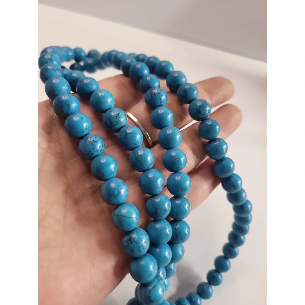 Blue Black Veined Round Bead Long Necklace Southwestern Boho Statement Jewelry